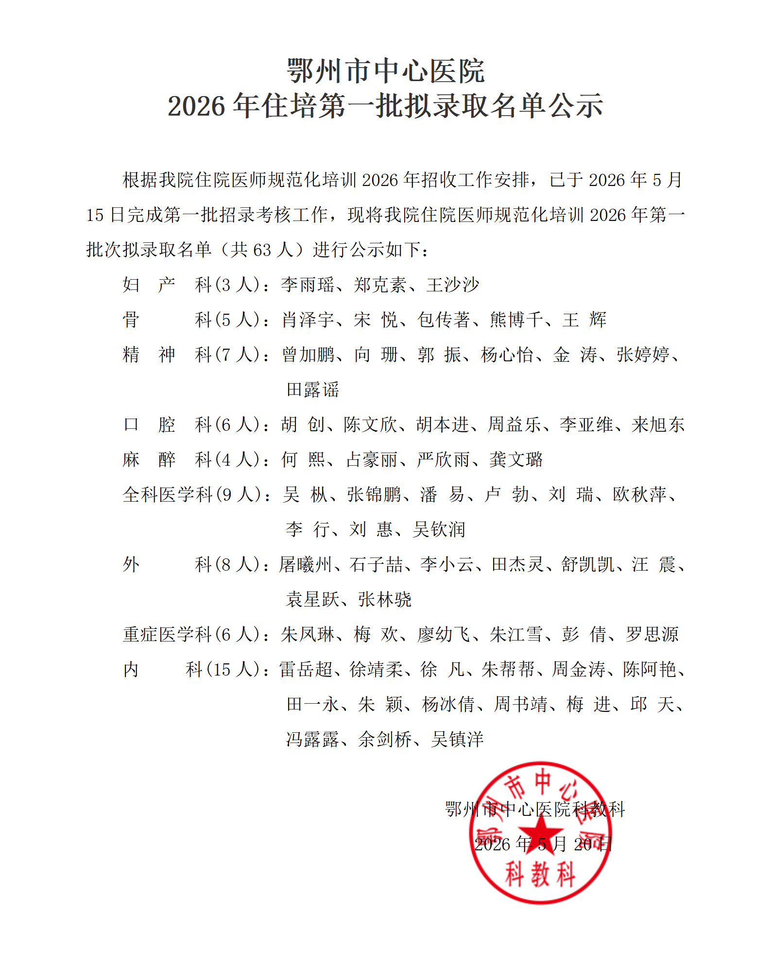 2026年住培第一批拟招录名单 2026年住培第一批拟招录名单